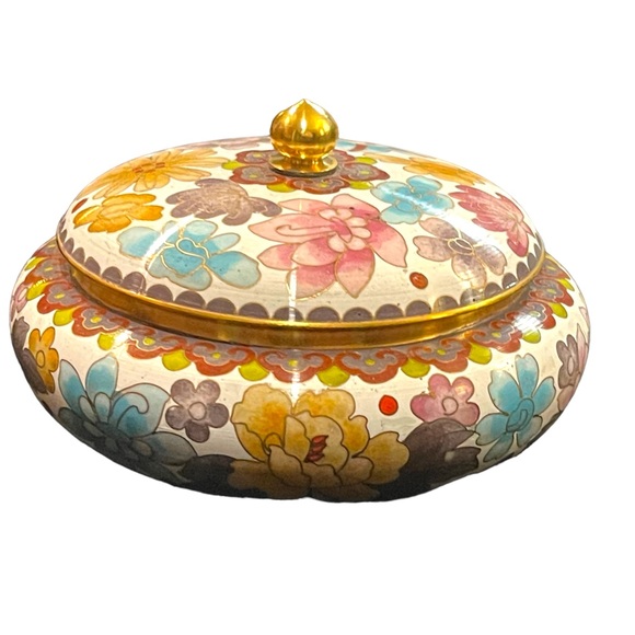 JINGFA chinese Cloissone Brass painted metal trinket bowl & lid - Picture 5 of 8